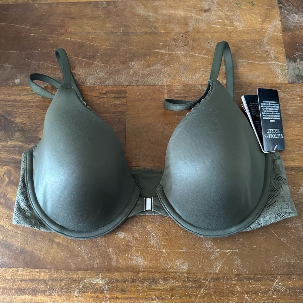 Victoria's Secret Olive‎ Green Bra Pined Perfect Coverage front close 34C NWT